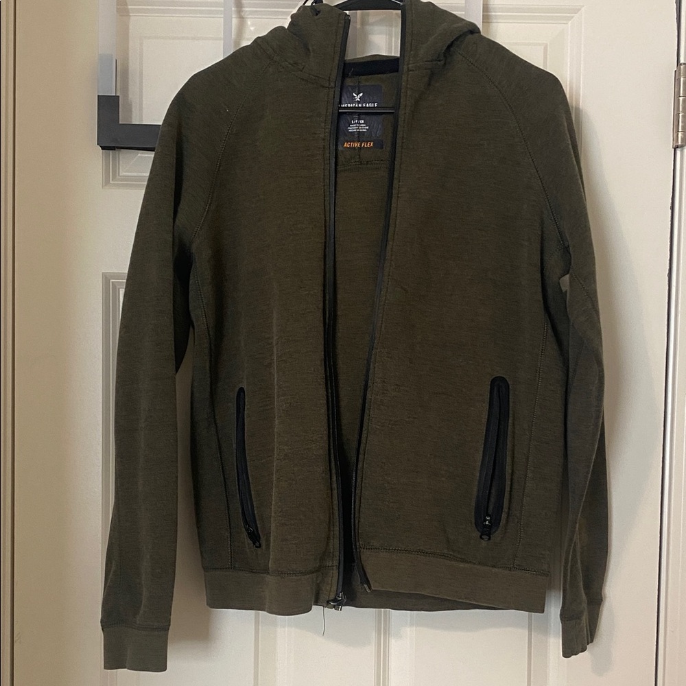 American Eagle Outfitters Men's Dark Green Zip-Up Sweater